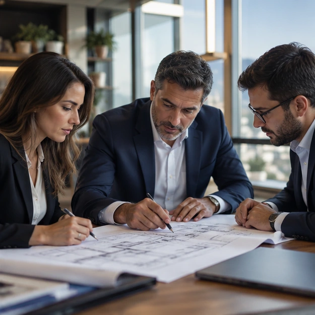 Cena conceitual criada por IA: profissionais analisando um projeto imobiliário, sem representar a equipe Alux.